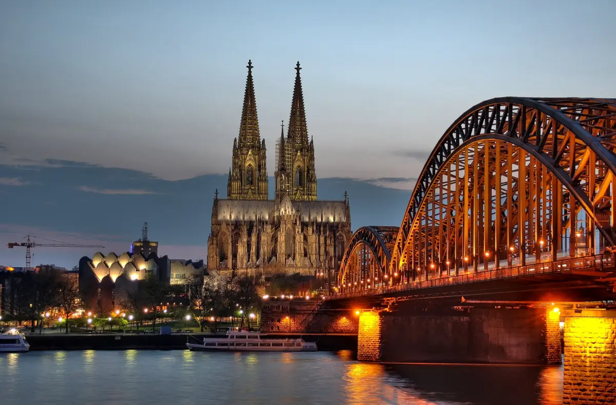 Cologne Cathedral and the Hohenzollern Bridge at dusk