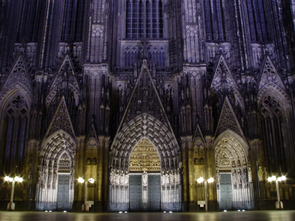 The main portal at night