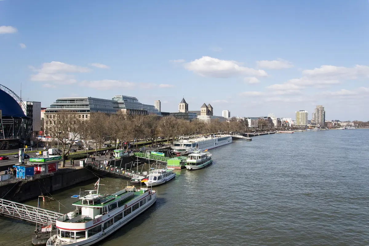 Boats moored on the Rhine in Cologne