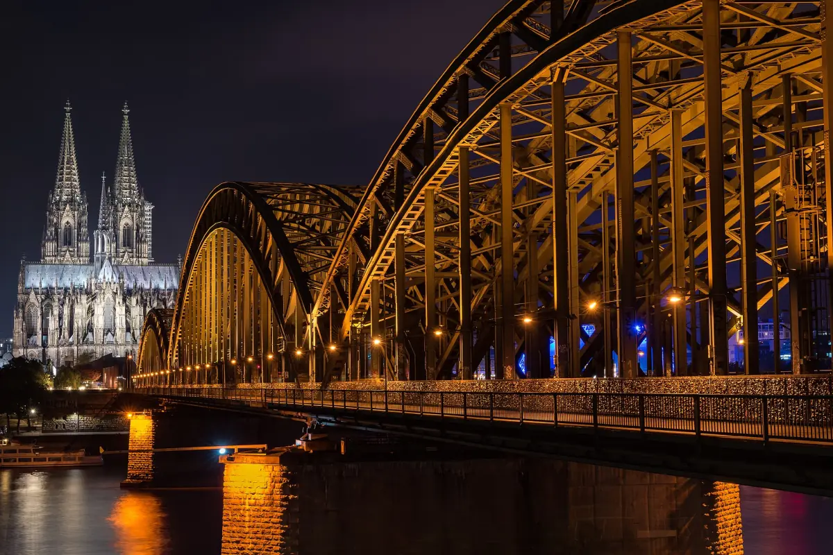 Hohenzollern Bridge and the cathedral at night
